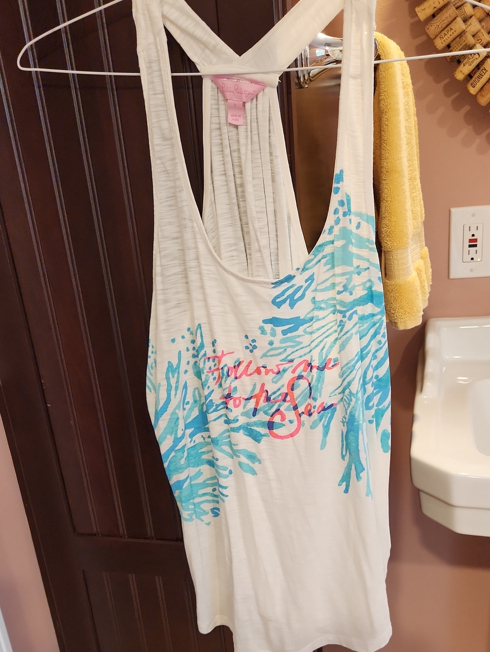 Lilly Pulitzer White Racerback Tank with Blue Coral and Pink Script S
